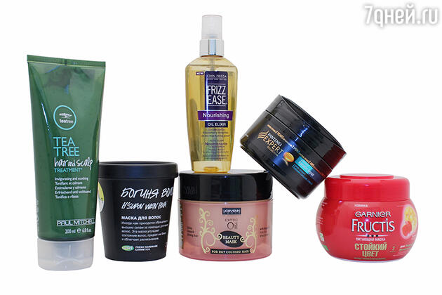 Пилинг-уход для волос и кожи головы Tea Tree Hair & Scalp Treatment от Paul Mitchell, маска «Богиня волос» от LUSH, маска для интенсивного ухода волос «Exotic Oil» от Lorvenn Paris, Frizz Ease Nourishing Oil Elixir от John Frieda, восстанавливающая маска для волос Pantene Pro-V Expert Advanced Keratin Repair, питающая маска «Стойкий цвет» от Garnier Fructis Пилинг-уход для волос и кожи головы Tea Tree Hair & Scalp Treatment от Paul Mitchell, маска «Богиня волос» от LUSH, маска для интенсивного ухода волос «Exotic Oil» от Lorvenn Paris, Frizz Ease Nourishing Oil Elixir от John Frieda, восстанавливающая маска для волос Pantene Pro-V Expert Advanced Keratin Repair, питающая маска «Стойкий цвет» от Garnier Fructis