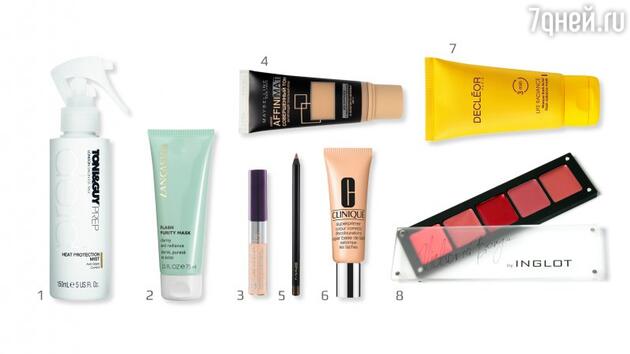 1.Термозащитный спрей для волос Heat Protection Mist, Toni&Guy; 2.Очищающая маска мгновенного действия Flash Purity Mask, Lancaster; 3.Ультрастойкие кремовые тени для век Coulers Nature, Yves Rocher; 4.Матирующий тональный крем "Совершенный тон", Maybelline New York;
5.Карандаш для век, MAC; 6.База под макияж Colour Corrects Discolourations, Superprimer Face Primer, Clinique; 7.Маска мгновенного действия для сияния кожи Life Radiance, Decleor; 8.Палетка с помадами для губ, Inglot. 1.Термозащитный спрей для волос Heat Protection Mist, Toni&Guy; 2.Очищающая маска мгновенного действия Flash Purity Mask, Lancaster; 3.Ультрастойкие кремовые тени для век Coulers Nature, Yves Rocher; 4.Матирующий тональный крем "Совершенный тон", Maybelline New York;
5.Карандаш для век, MAC; 6.База под макияж Colour Corrects Discolourations, Superprimer Face Primer, Clinique; 7.Маска мгновенного действия для сияния кожи Life Radiance, Decleor; 8.Палетка с помадами для губ, Inglot.
