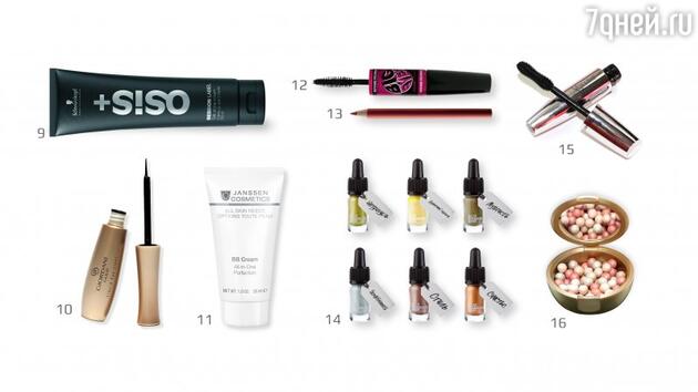 9.Разглаживающий крем для волос, Osis+; 10.Жидкая подводка для век, Giordani Gold; 11.BB-крем для выравнивания тона кожи Janssen Cosmetics; 12.Тушь с двумя разными щеточками для создания объема, Maybelline New York; 13.Карандаш для контура губ, Inglot; 14.Кремовые тени для век, Lush; 15.Тушь для объема ресниц Volume Vertige, Yves Rocher; 16.Румяна в шариках «Премиум» Giordani Gold. 9.Разглаживающий крем для волос, Osis+; 10.Жидкая подводка для век, Giordani Gold; 11.BB-крем для выравнивания тона кожи Janssen Cosmetics; 12.Тушь с двумя разными щеточками для создания объема, Maybelline New York; 13.Карандаш для контура губ, Inglot; 14.Кремовые тени для век, Lush; 15.Тушь для объема ресниц Volume Vertige, Yves Rocher; 16.Румяна в шариках «Премиум» Giordani Gold.