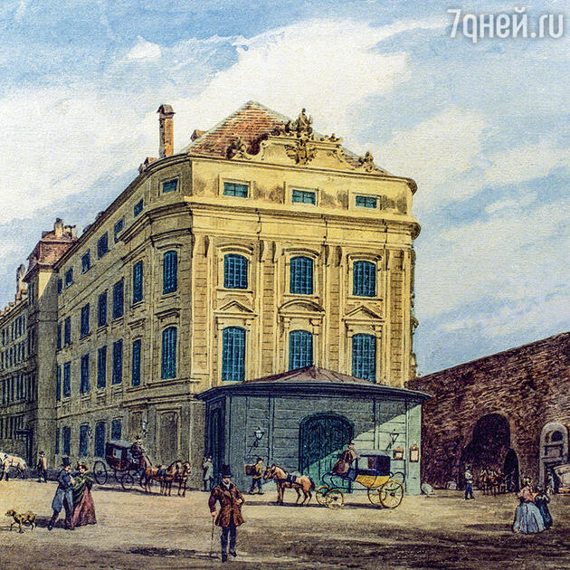 Фото репродукции рисунка Ф. Векбродта «Кернтнертор-театр». 1860 г. Theatre Collection of the University of Cologne Фото репродукции рисунка Ф. Векбродта «Кернтнертор-театр». 1860 г. Theatre Collection of the University of Cologne