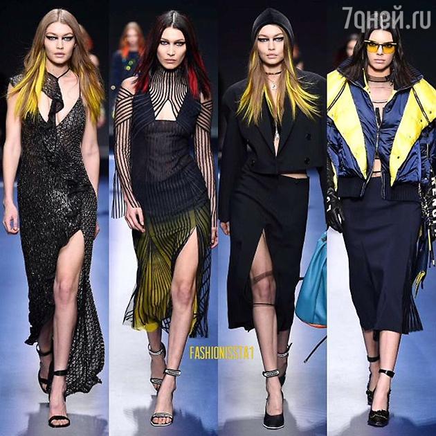 Джиджи и Белла Хадид, Кендалл Дженнер на показе Versace Джиджи и Белла Хадид, Кендалл Дженнер на показе Versace