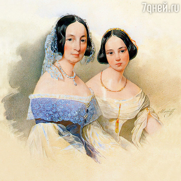 Фото репродукции Акварели Н. Алексеева «Елизавета Ксаверьевна Воронцова с дочерью Софьей Михайловной, в замуж. Шуваловой». конец 1840-х Фото репродукции Акварели Н. Алексеева «Елизавета Ксаверьевна Воронцова с дочерью Софьей Михайловной, в замуж. Шуваловой». конец 1840-х