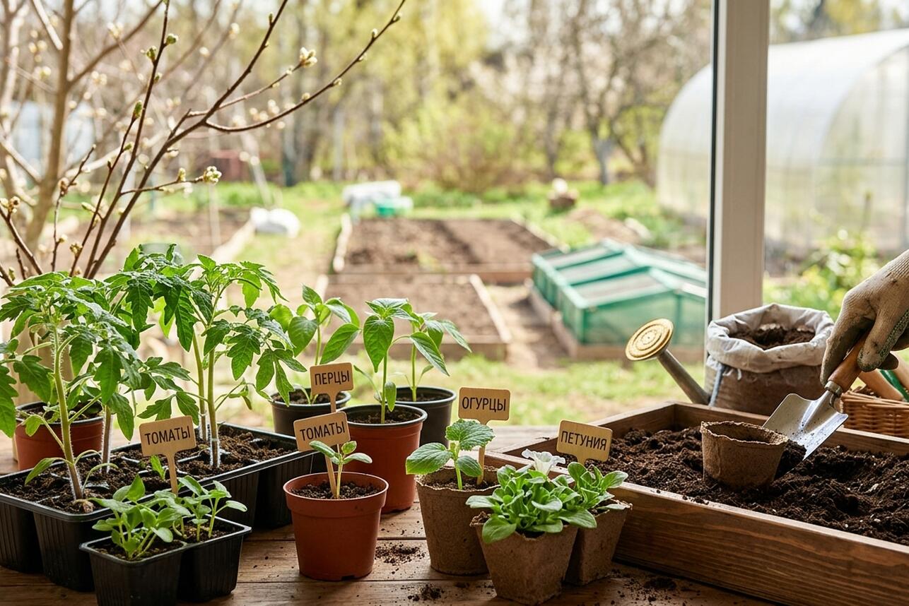 посадка рассады в апреле, что сажать в апреле, сроки посева овощей, календарь садовода 2026, подготовка грунта для рассады, семена цветов на рассаду, когда сажать помидоры и огурцы, обработка семян марганцовкой, биопрепараты для растений, уход за рассадой на подоконнике, высадка в открытый грунт, советы дачникам