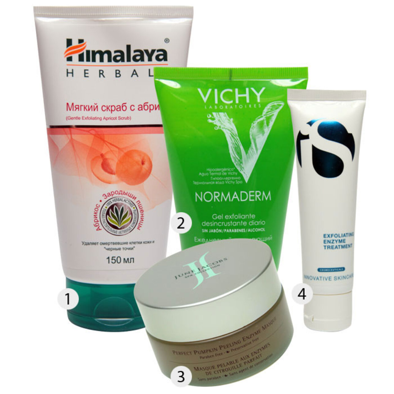 1.    Himalaya Herbals; 2.- Normaderm, Vichy; 3.  June Jacobs; 4. - Innovative of Skincare