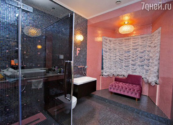 Эта комната со специальной ванной для купания, диванчиком, на котором делают прически, и туалетным столиком с косметикой, личной зубной пастой и щеткой предназначена  для собачки Успенской — йоркшира Фрэнки