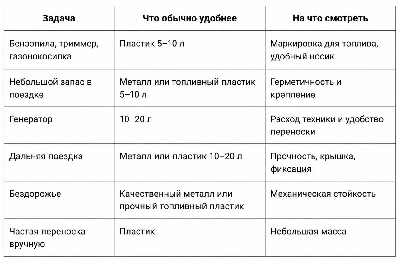 Какую канистру для бензина выбрать, таблица