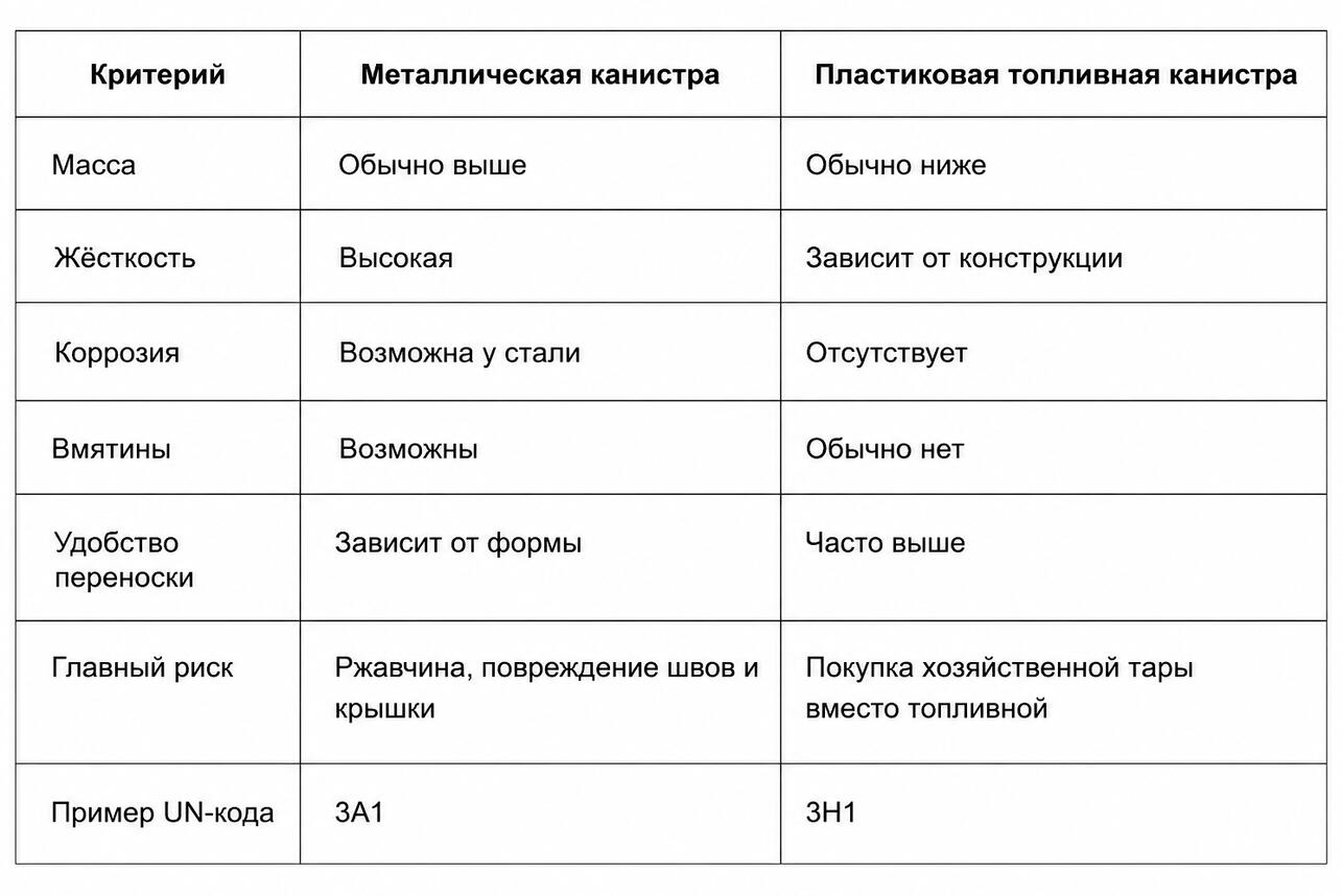 Металлическая или пластиковая канистра: что лучше, таблица