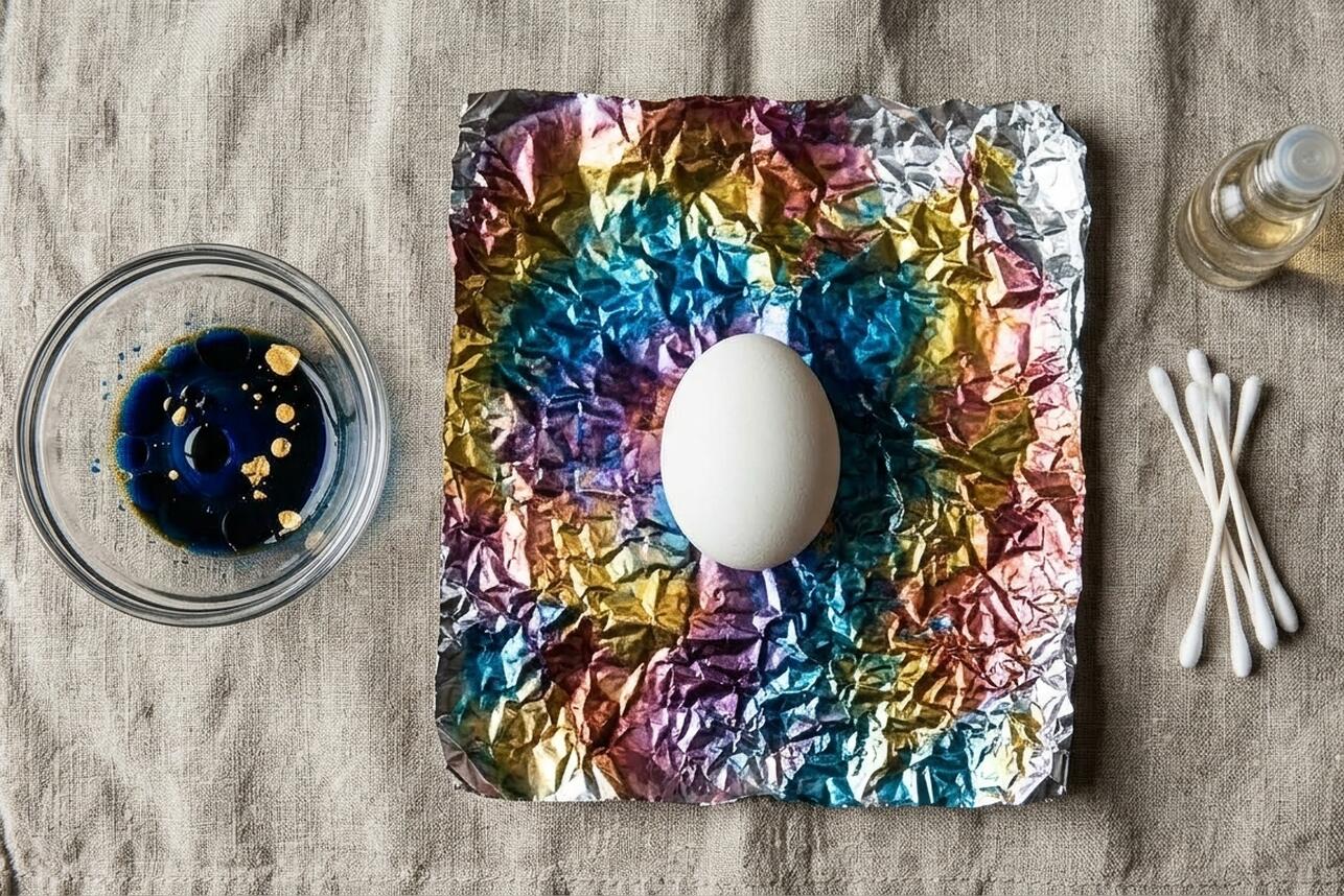 Пошаговое окрашивание пасхальных яиц пищевой фольгой и красителями для создания эффекта космического мрамора и металлического блеска.