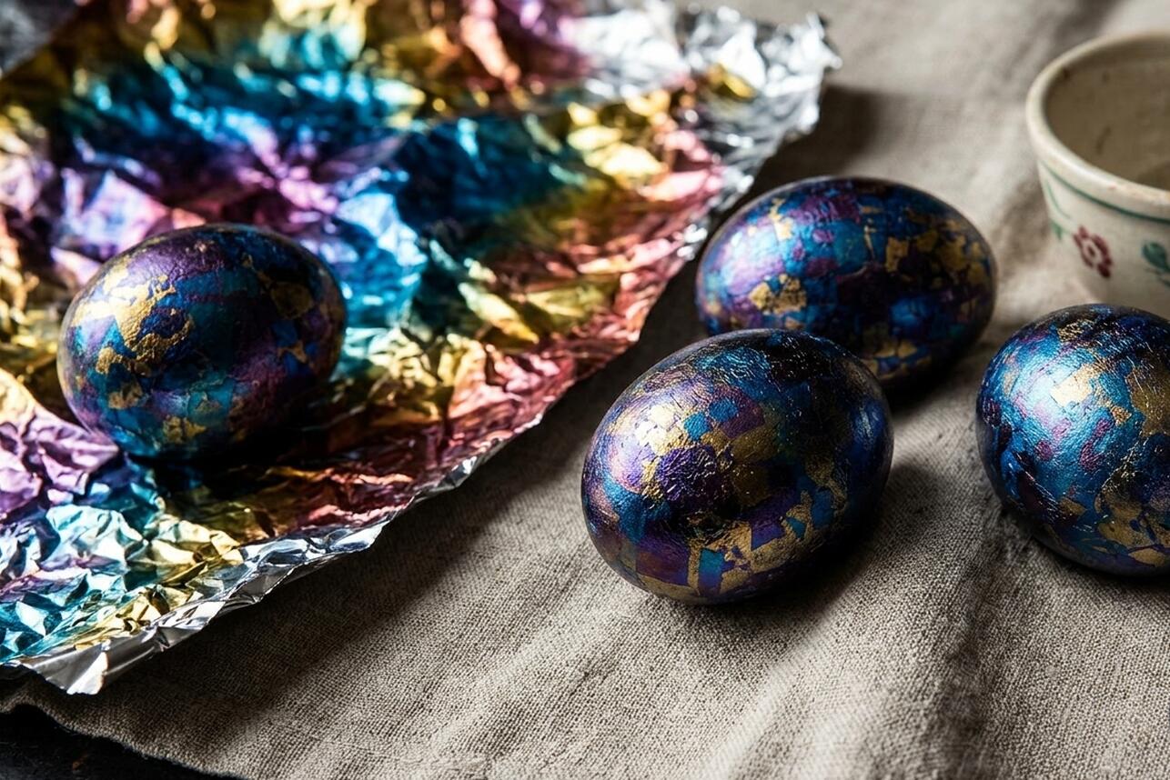 Пошаговое окрашивание пасхальных яиц пищевой фольгой и красителями для создания эффекта космического мрамора и металлического блеска.