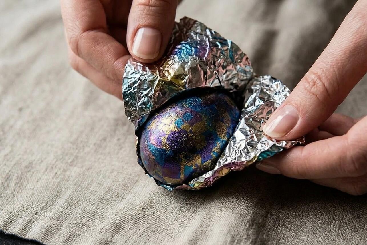 Пошаговое окрашивание пасхальных яиц пищевой фольгой и красителями для создания эффекта космического мрамора и металлического блеска.