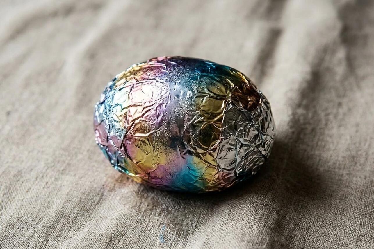 Пошаговое окрашивание пасхальных яиц пищевой фольгой и красителями для создания эффекта космического мрамора и металлического блеска.