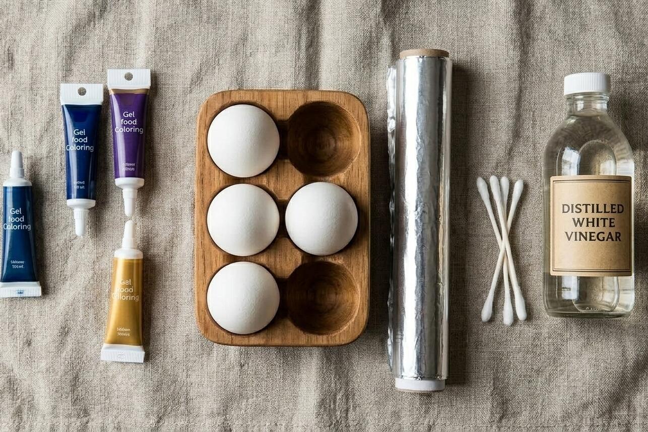 Пошаговое окрашивание пасхальных яиц пищевой фольгой и красителями для создания эффекта космического мрамора и металлического блеска.