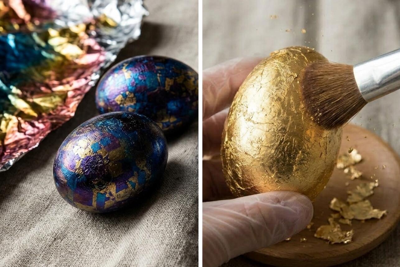 Два способа декора пасхальных яиц: космический мрамор обычной фольгой и золочение поталью