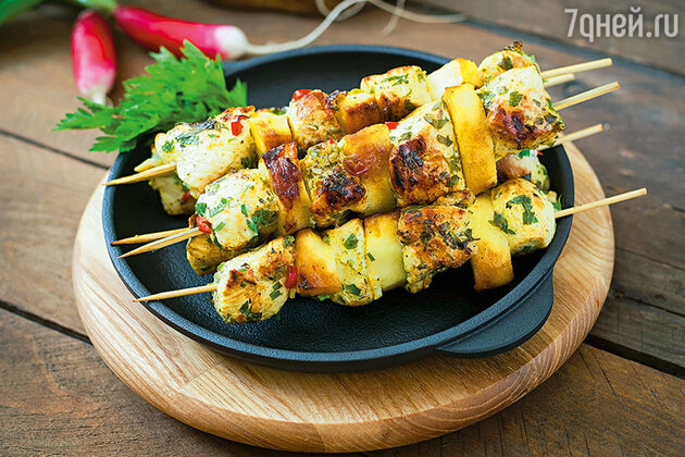 Брошеты из курицы с яблоками. Фото Брошеты из курицы с яблоками. Фото