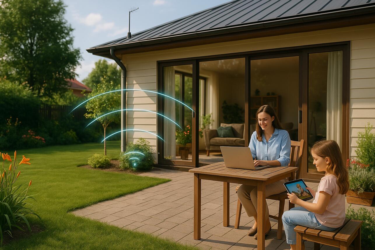 Женщина с ноутбуком и ребенок с планшетом на террасе частного дома, Wi-Fi работает во дворе — символ стабильного интернета для всей семьи