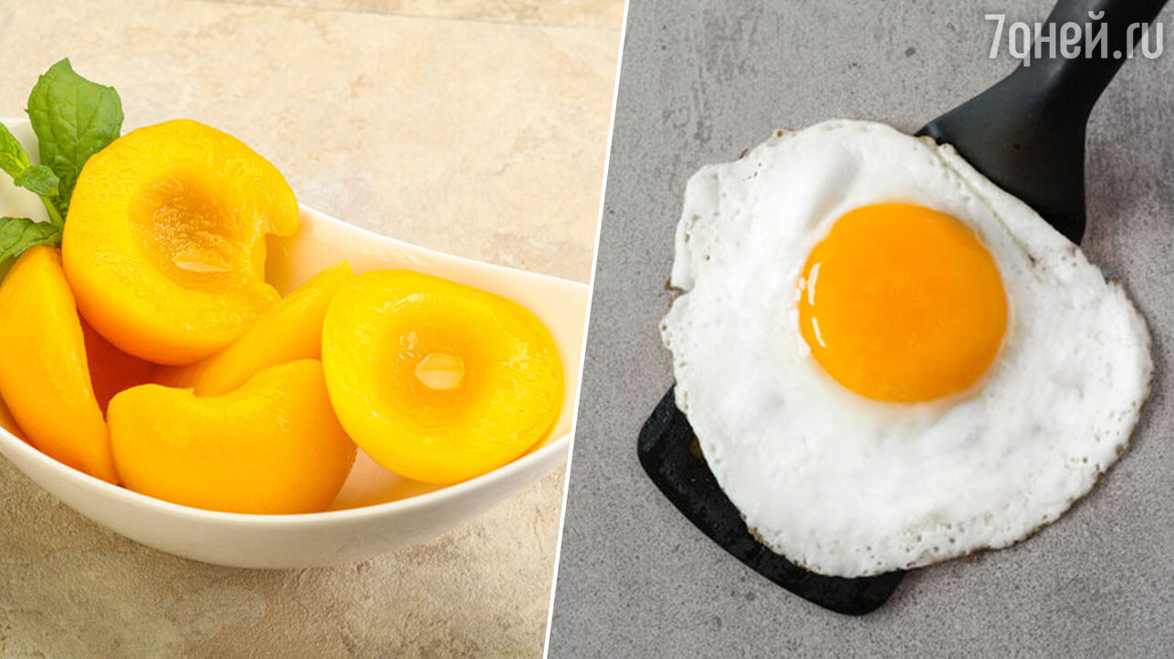 консервированные персики и куриное яйцо фото