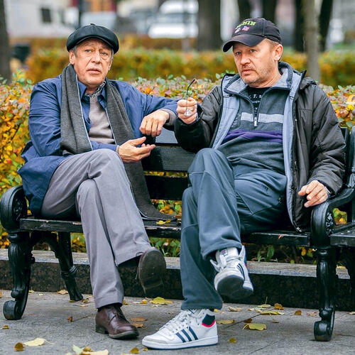 Михаил Ефремов и Олег Фомин на съемках фильма «Новая жена», 2015 год