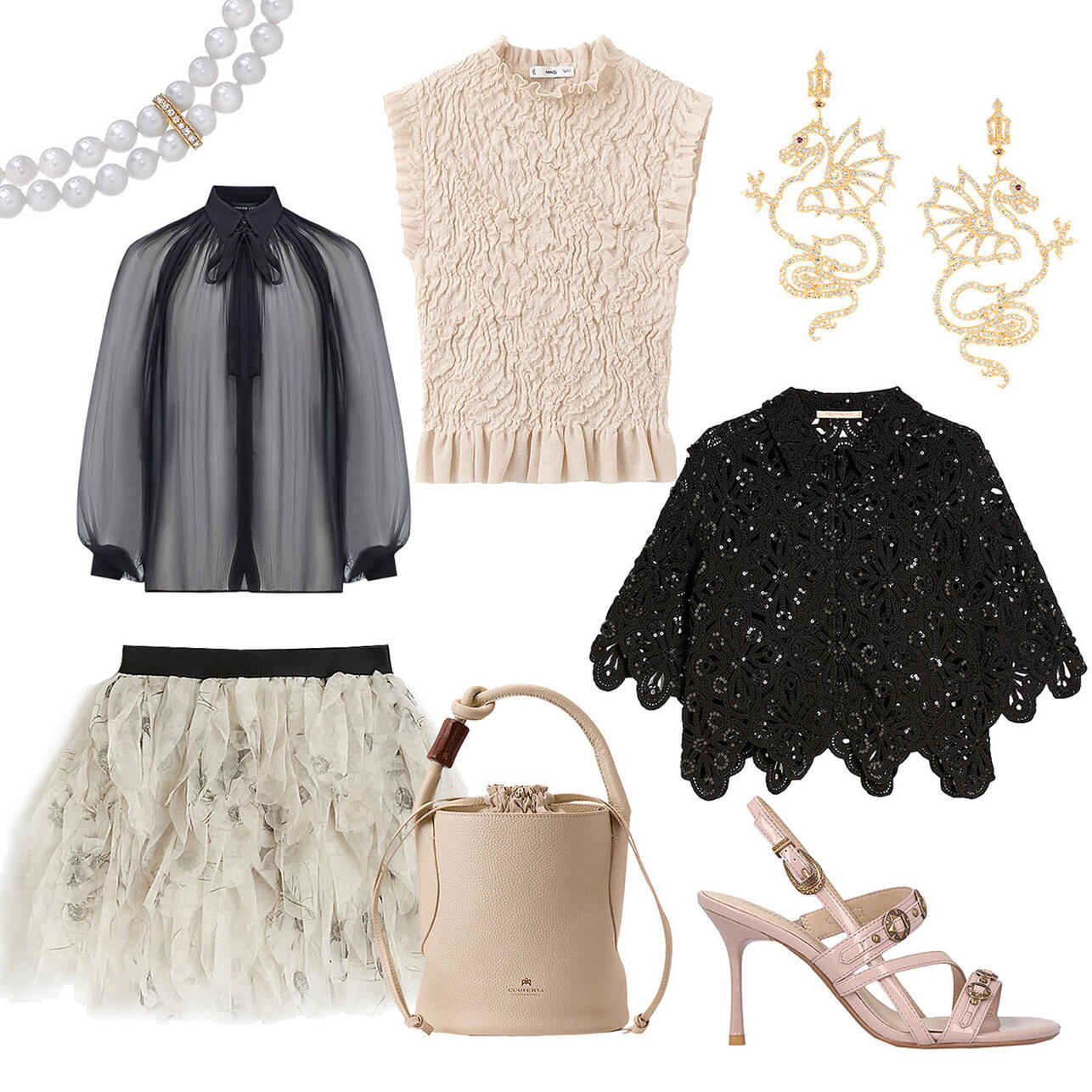 Колье LUNALU. Блуза JACOB LEE. Юбка MAX MARA. Сумка CUOIERIA FIORENTINA. Серьги Russkaya Skazka. Топ MANGO. Блуза PENNYBLACK. Босоножки PINKO. Фото