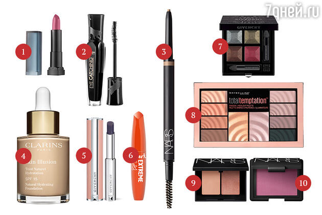 1. Матовая помада Color Sensational Powder Matte, Nocturnal Rose, Mybelline NY; 2. Тушь для ресниц Eye Catching, Bourjois; 3. Карандаш для бровей Brow Perfector, Calimyrna, Nars; 4. Тональный крем Skin Illusion, Clarins; 5. Бальзам для губ Rouge Perfecto, №4 Blue Pink, Givenchy; 6. Тушь для ресниц mark. «Объем. Запредельная длина», Avon; 7. Четырехцветные тени для век Midnight Skies Prisme Quatuor, Givenchy; 8. Палетка теней и хайлайтер Total Temptation, Maybelline NY; 9. Двухцветные тени для век Hammamet Duo Eyeshadow, Nars; 10. Румяна Mata Hari Blush, Nars. 1. Матовая помада Color Sensational Powder Matte, Nocturnal Rose, Mybelline NY; 2. Тушь для ресниц Eye Catching, Bourjois; 3. Карандаш для бровей Brow Perfector, Calimyrna, Nars; 4. Тональный крем Skin Illusion, Clarins; 5. Бальзам для губ Rouge Perfecto, №4 Blue Pink, Givenchy; 6. Тушь для ресниц mark. «Объем. Запредельная длина», Avon; 7. Четырехцветные тени для век Midnight Skies Prisme Quatuor, Givenchy; 8. Палетка теней и хайлайтер Total Temptation, Maybelline NY; 9. Двухцветные тени для век Hammamet Duo Eyeshadow, Nars; 10. Румяна Mata Hari Blush, Nars.