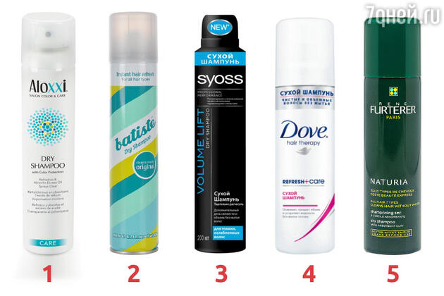 1. Aloxxi. 2. Original от Batiste. 3. Syoss. 4. Dove Hair Therapy Refresh + Care Dry hampoo. 5. Naturia от Rene Furterer.