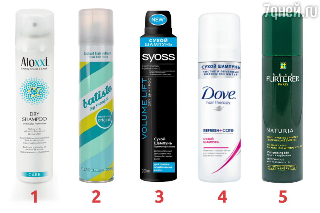 1. Aloxxi. 2. Original  Batiste. 3. Syoss. 4. Dove Hair Therapy Refresh + Care Dry hampoo. 5. Naturia  Rene Furterer.