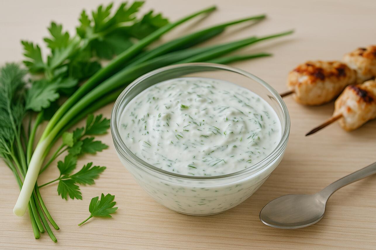 Стеклянная чашка с йогуртовым соусом, украшенным зеленью; рядом зеленый лук, укроп, петрушка и куриный шашлык