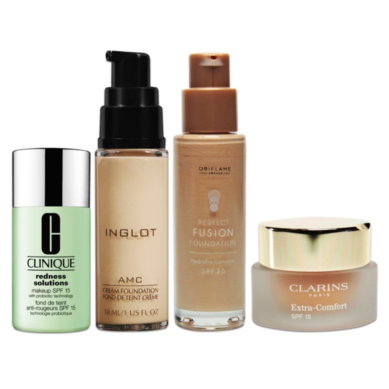 1.   Redness Solutions Makeup SPF 15 with Probiotic Technology, Clinique; 2.  -, Inglot; 3.    , Oriflame; 3.   Extra-Comfort, Clarins